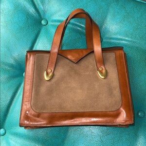 Vintage structured preppy tan brown suede leather handbag purse mid century MCM